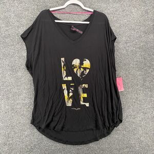 Betsey Johnson Blouse Top Womens 3X Black LOVE V-Neck Performance Casual 90s Y2K